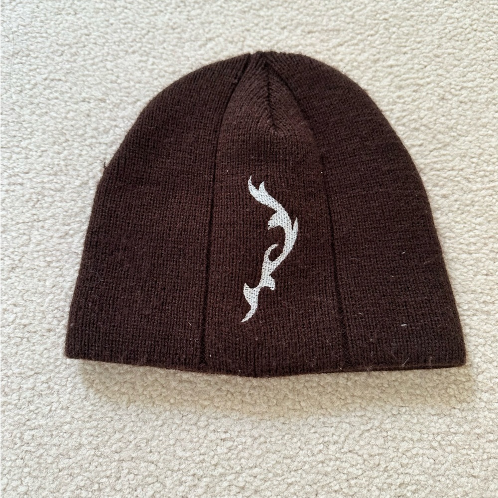 Brown Knit Beanie with White Logo